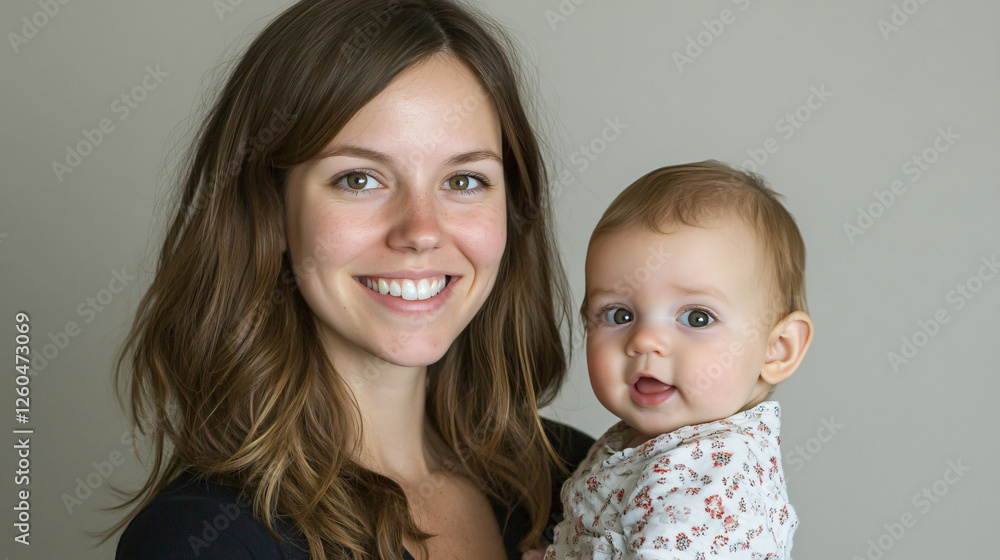 Woman holding a baby in a neutral background with another woman also holding a baby in the same setting Woman holding a baby in a neutral background with another woman also holding a baby in the same setting