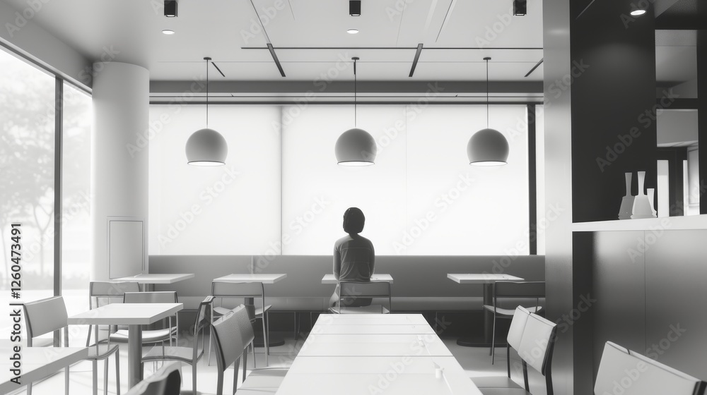 A serene and modern cafe interior in a monochrome style, showing a single person seated at a table. The bright lighting and sleek design convey tranquility. AI generated.