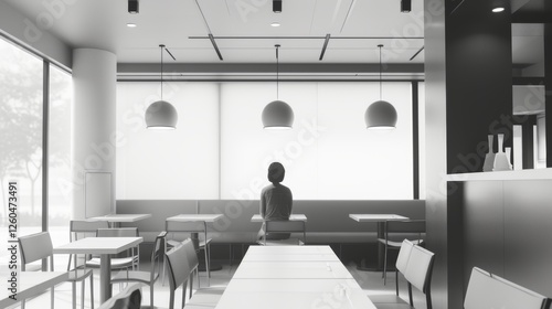 Obraz na płótnie A serene and modern cafe interior in a monochrome style, showing a single person seated at a table. The bright lighting and sleek design convey tranquility. AI generated. w salonie