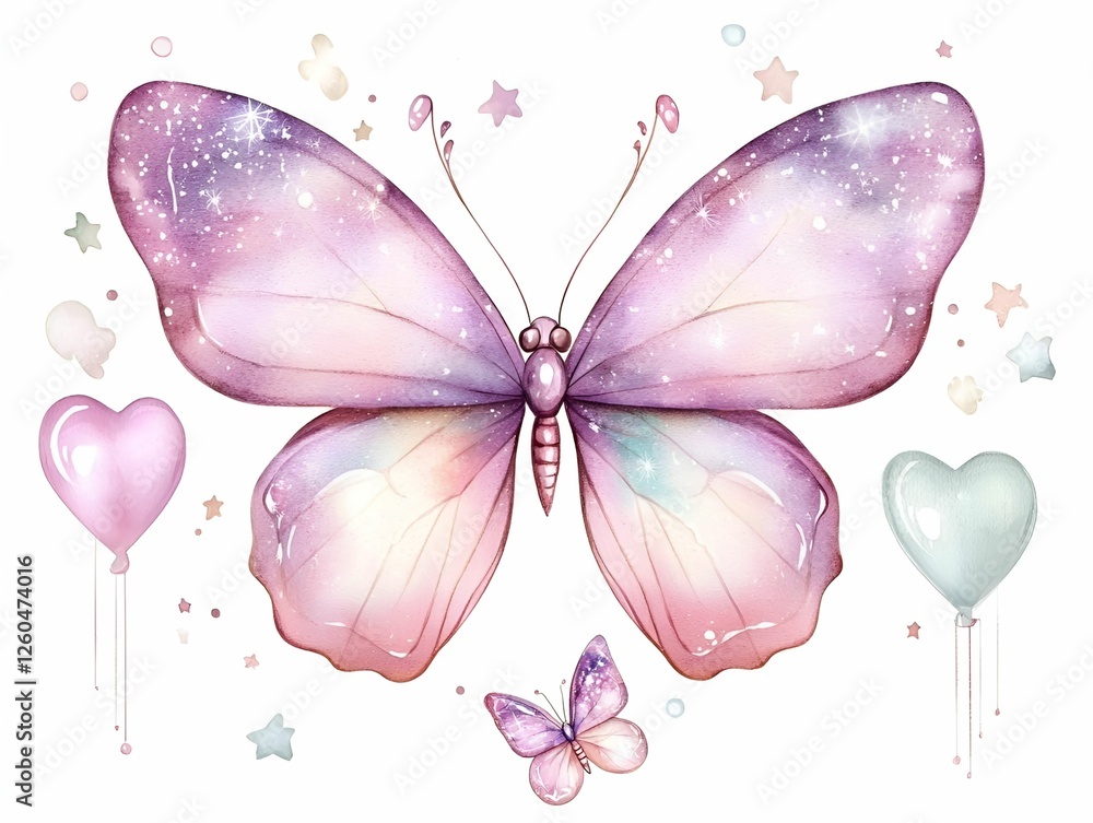 Fototapeta premium Butterfly watercolor art beautiful creative concept. A whimsical butterfly with pastel colors and balloons, perfect for children's themes.