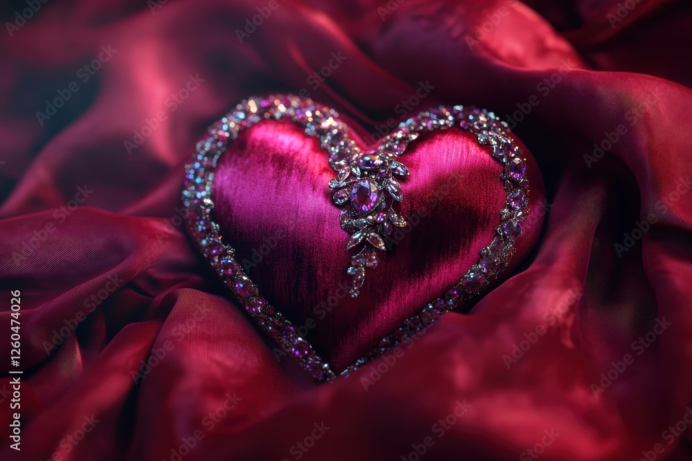 Dark Red Velvet Heart with Gemstone Embellishments on Luxurious Fabric Dark Red Velvet Heart with Gemstone Embellishments on Luxurious Fabric