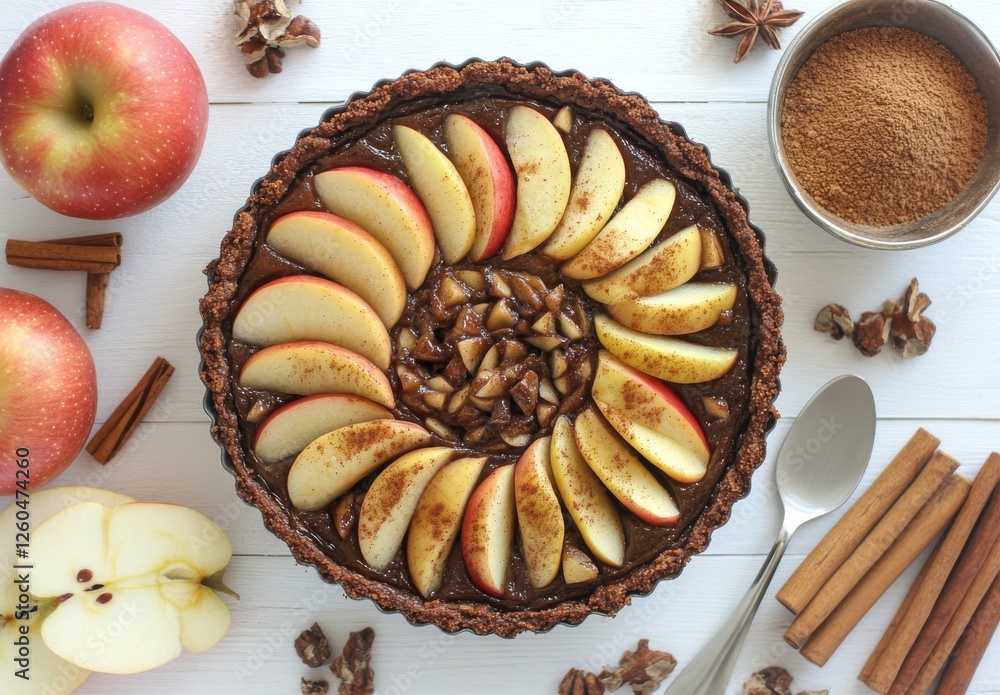 Delicious Chocolate Tart Surrounded by Fresh Apples, Cinnamon Sticks, and Nuts on a Rustic White Wooden Background Delicious Chocolate Tart Surrounded by Fresh Apples, Cinnamon Sticks, and Nuts on a Rustic White Wooden Background