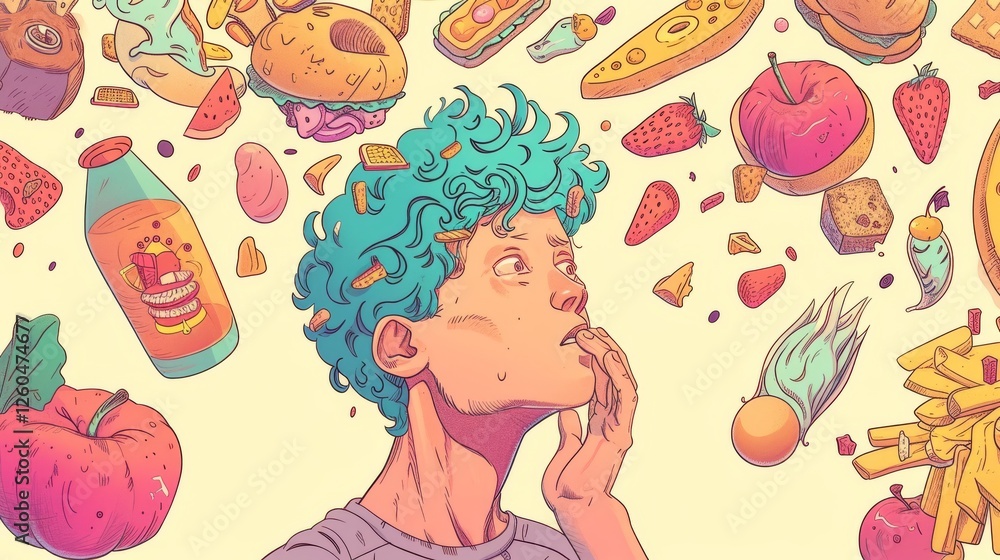 Stylized art of a young person contemplating a range of floating foods, from fruits to fries, symbolizing decision-making. Vibrant and AI generated.