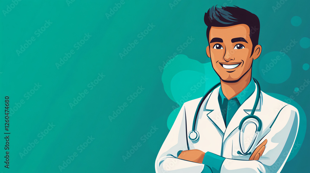 Cartoon character illustration of a smiling indian doctor in a medical coat with stethoscope on a white background Cartoon character illustration of a smiling indian doctor in a medical coat with stethoscope on a white background