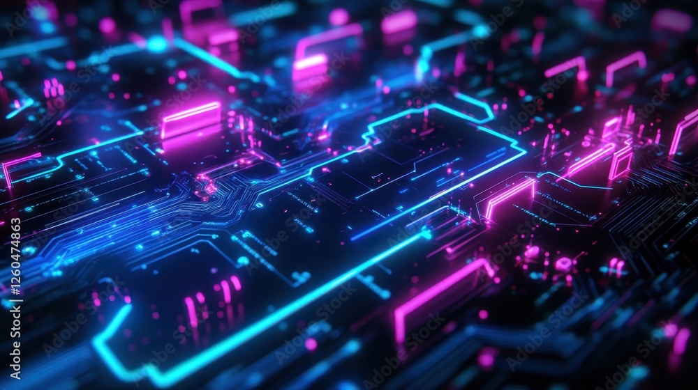 A sleek blockchain wallpaper with neon-lit circuits on a dark metallic base
