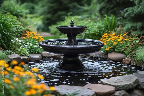 A serene garden fountain surrounded by vibrant flowers and lush greenery in a tranquil setting photo