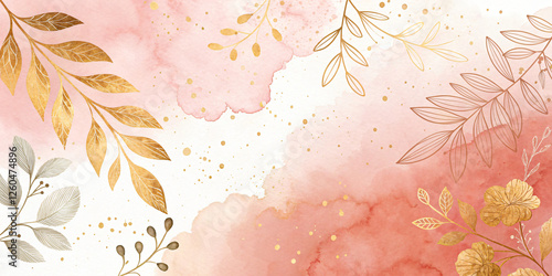 Elegant watercolor splash background with soft pink and peach tones, accented by delicate gold foil leaves or flowers