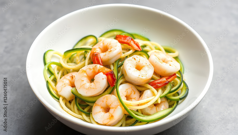 Lightly seasoned shrimp and zucchini noodles tossed in olive oil and garlic, presented in a modern minimalistic white bowl Lightly seasoned shrimp and zucchini noodles tossed in olive oil and garlic, presented in a modern minimalistic white bowl