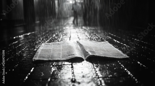 Discarded newspaper lies on a wet city street reflecting dramatic light and shadow a poignant symbol of fleeting news and urban life.