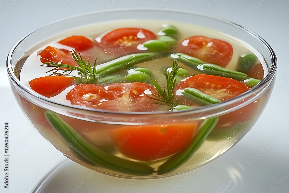 An artistic shot of clear vegetable soup showcasing diced tomatoes and green beans, reflecting light beautifully against a clean white background for an elegant look. An artistic shot of clear vegetable soup showcasing diced tomatoes and green beans, reflecting light beautifully against a clean white background for an elegant look.