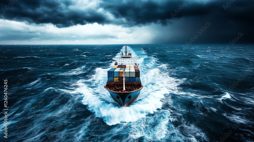 Naklejka premium Maritime drama unfolds as a cargo ship faces a storm’s wrath, surrounded by raging waters, obscured horizons, and thunderclouds filling the sky.