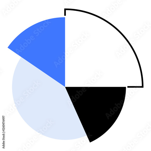 Pie chart split into four sections in blue, black, white, and light blue. Ideal for data visualization, presentations, infographics, reports, statistics, analytics, business insights. Landing page