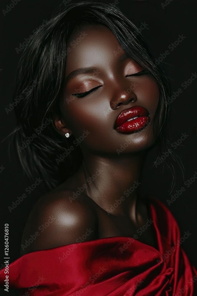 Fototapeta premium Serene Beauty Portrait of a Black Woman in Red