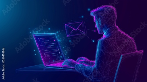 Spam email blocking and phishing alert on laptop screen, low poly wireframe on dark blue background. Network security concept for professionals working remotely.