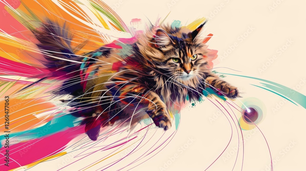 An artistic illustration of a fluffy tabby cat leaping through a colorful explosion of abstract brushstrokes, radiating energy and creativity. AI generated.