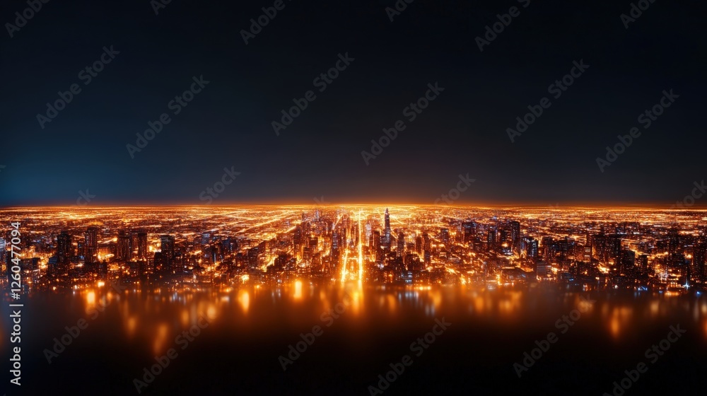 A stunning panoramic view of a vibrant city skyline at night, illuminated by countless lights A stunning panoramic view of a vibrant city skyline at night, illuminated by countless lights