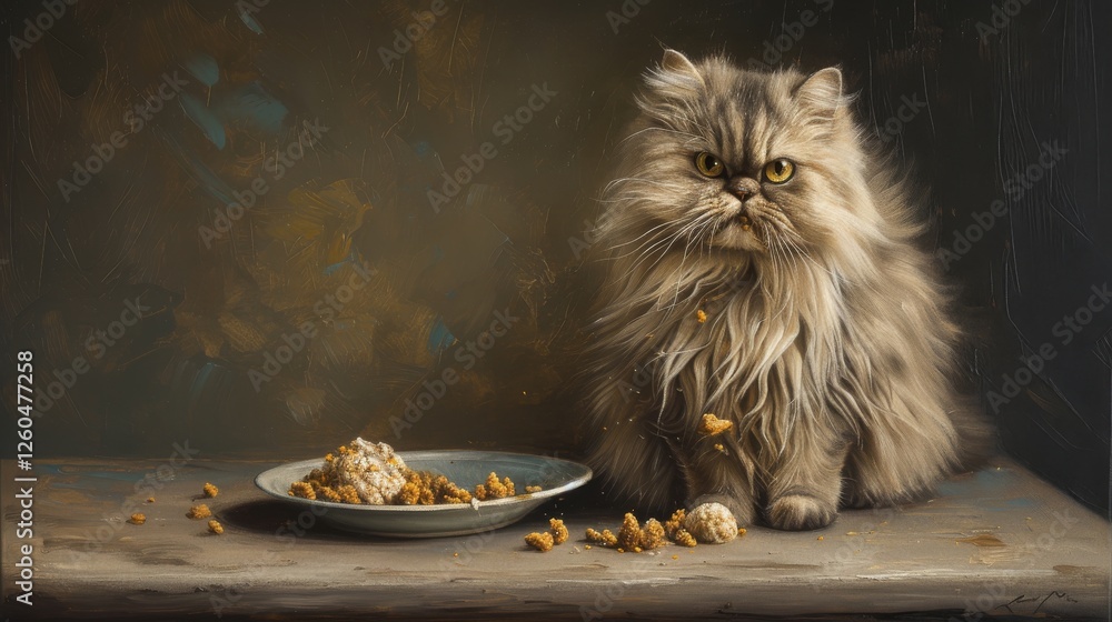 A fluffy Persian cat sits by a rustic plate with scattered food crumbs, exuding an expressive mood in an atmospheric setting. AI generated.