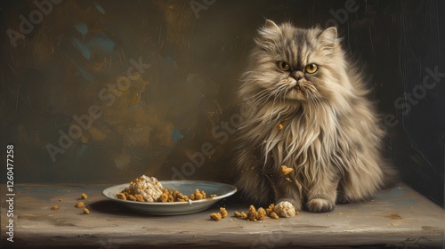 Obraz na płótnie A fluffy Persian cat sits by a rustic plate with scattered food crumbs, exuding an expressive mood in an atmospheric setting. AI generated. w salonie