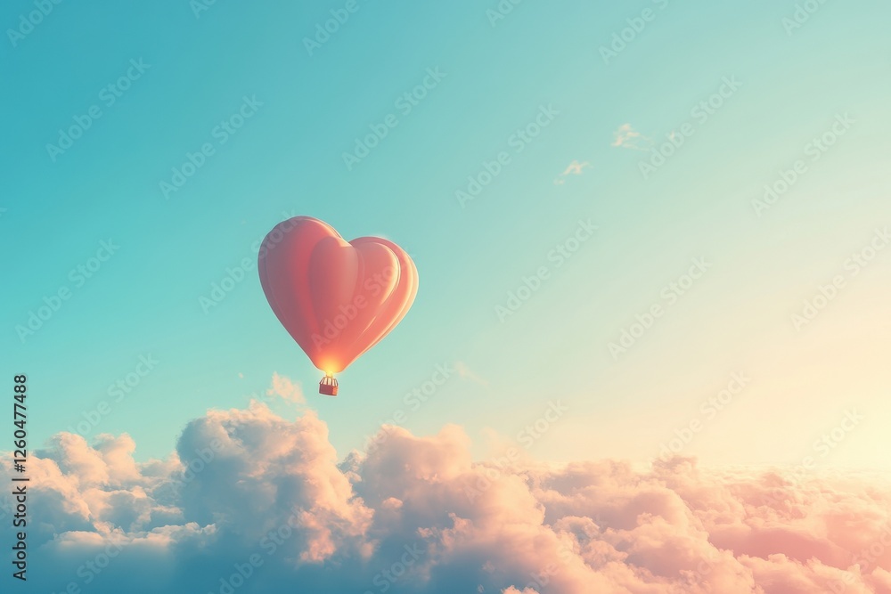Fototapeta premium Heart Shaped Hot Air Balloon Soaring Above Pastel Clouds at Sunrise