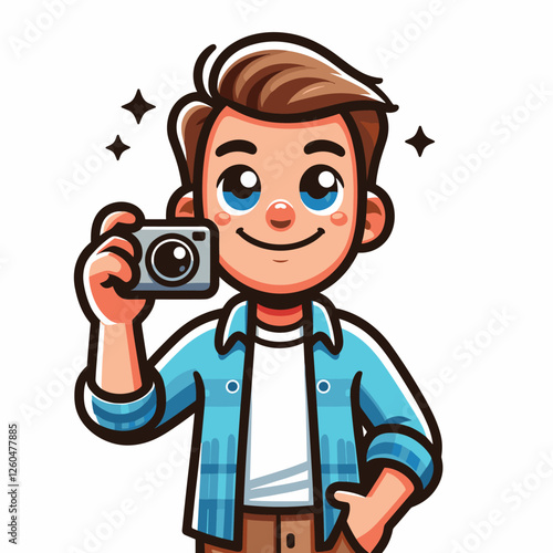 Cartoon Character Holding Camera with Cheerful Expression - Cute Digital Art
