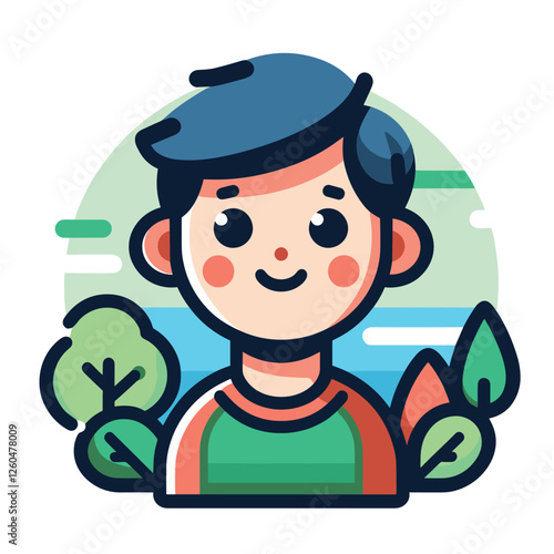 Youthful Portrait in Nature - Cute Child with Greenery Background - Vector Illustration