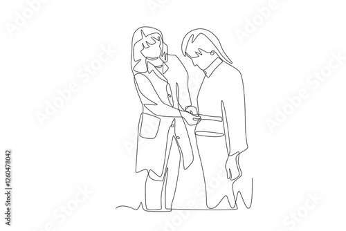 The doctor measures the width of the girl's body. Measuring a patient's height weight waist concept one-line drawing