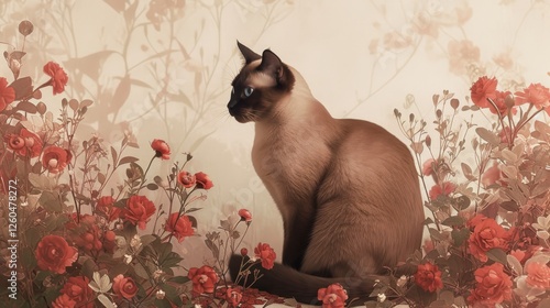 A serene depiction of a Siamese cat surrounded by delicate red flowers and soft foliage, creating a peaceful and artistic ambiance. AI generated.