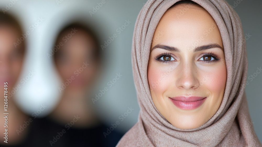 Woman in hijab smiling confidently with friends in the background Woman in hijab smiling confidently with friends in the background