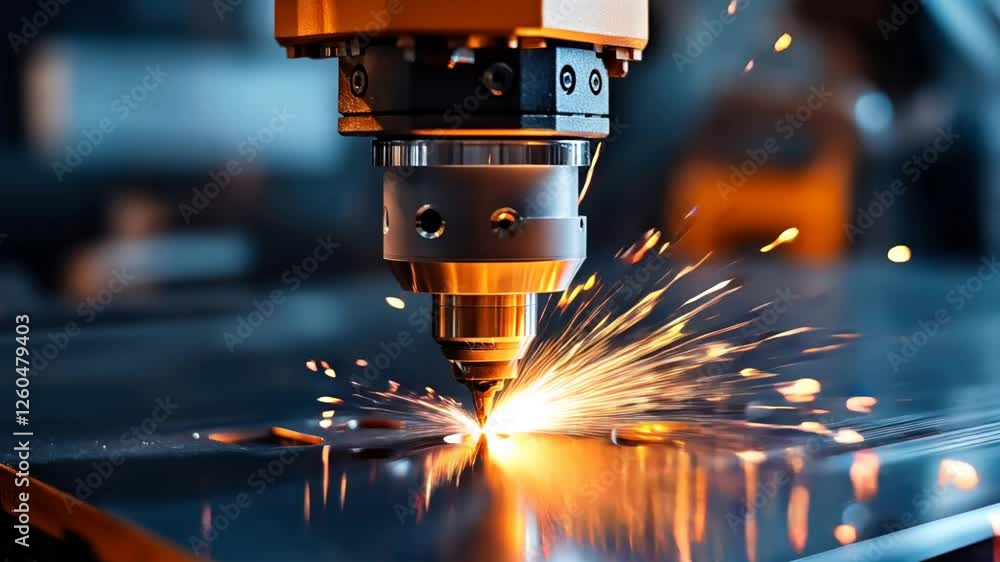 Close-up view of a CNC machine using a laser to cut through metal, producing sparks. The image focuses on the precision and technology involved in industrial laser cutting.