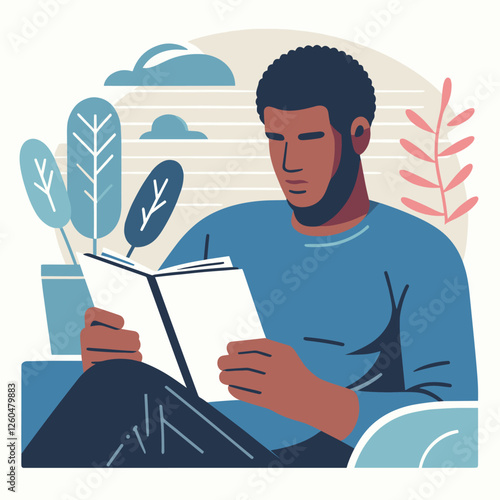 Man Reading Book in Cozy Indoor Setting - Flat Illustration of Relaxation and Focused Learning