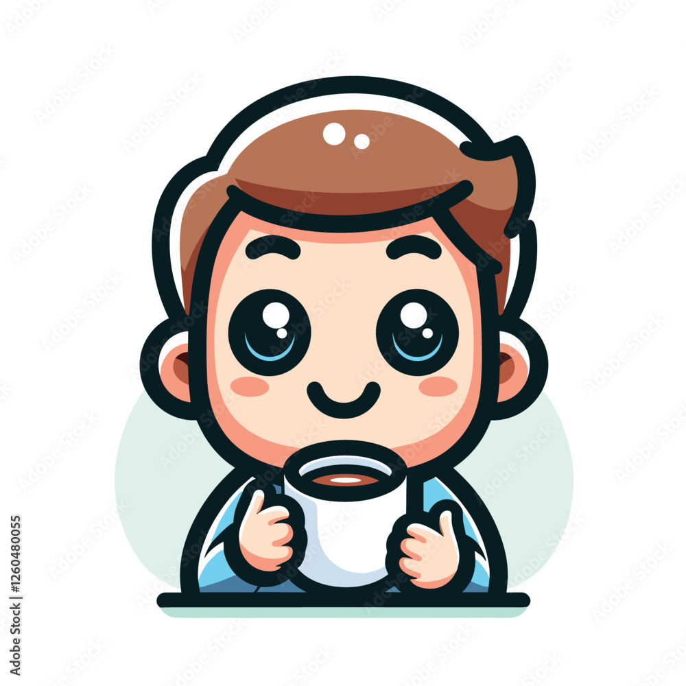 Cute Cartoon Character with Coffee Mug - Chibi Style Illustration Cute Cartoon Character with Coffee Mug - Chibi Style Illustration