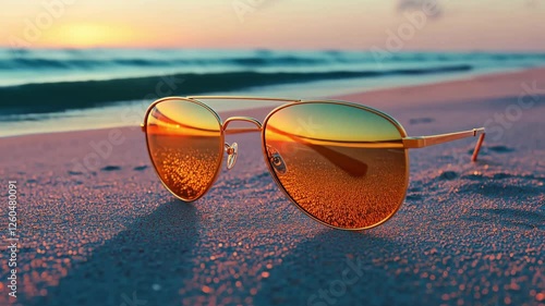 Wallpaper Mural Sunglasses rest on warm sand as the sun sets over the ocean, casting vibrant hues and reflections across the lenses, creating a serene beach atmosphere. Torontodigital.ca