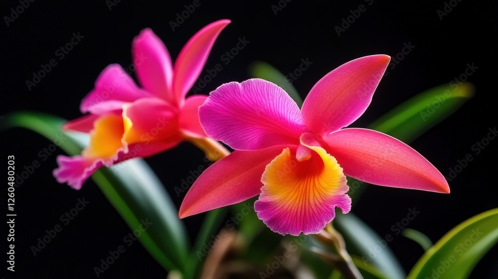 Obraz premium Vibrant pink and yellow orchid flowers bloom against a dark background, showcasing their intricate details and natural beauty, an ideal subject for nature lovers and floral enthusi