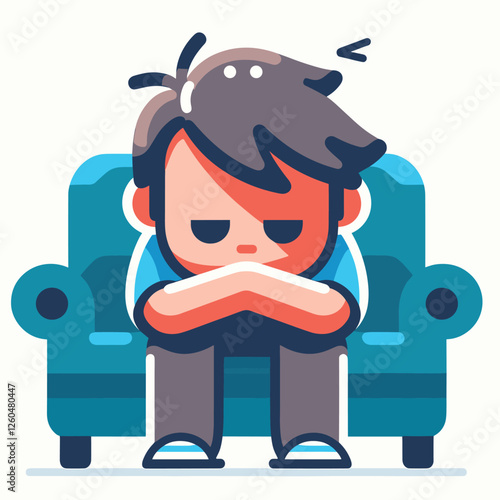 Contemplative Boy Sitting on Couch - Cute Flat Illustration in Pastel Colors