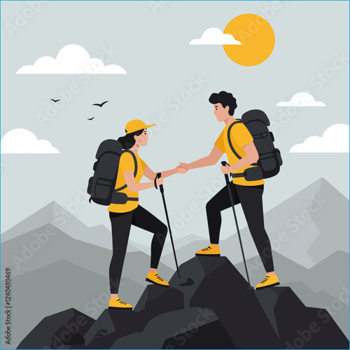 Couple Hiking Together on Mountain Top Helping Each Other with Sticks