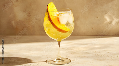Refreshing fruit spritzer with a slice of mango, ice, and bubbles served in a delicate glass.