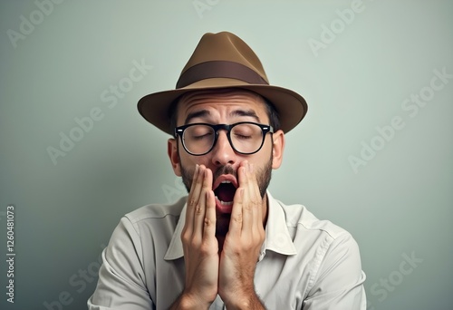 A comical image of a man sneezing so hard that his hat and glasses are propelled into the air, set against a simple background, in high-definition realism.