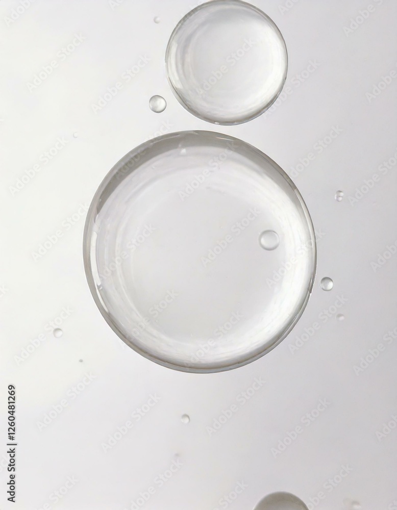Clear water drops floating on a white background. Soft and transparent cosmetic background material. Clear water drops floating on a white background. Soft and transparent cosmetic background material.