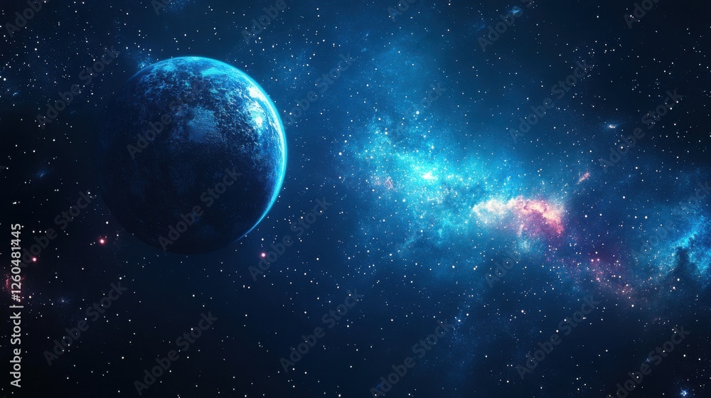 Obraz premium Abstract space background with planets and stars in deep blacks and vibrant blues, highlighting the vastness and mystery of the universe. Ideal for space and astronomy-themed projects.