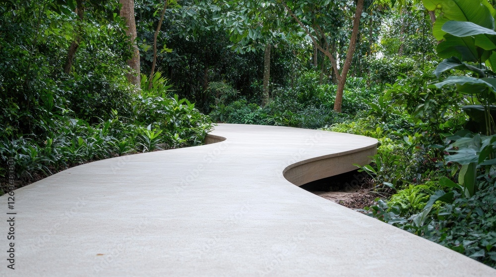 Winding concrete path through lush tropical garden. Possible use stock photo