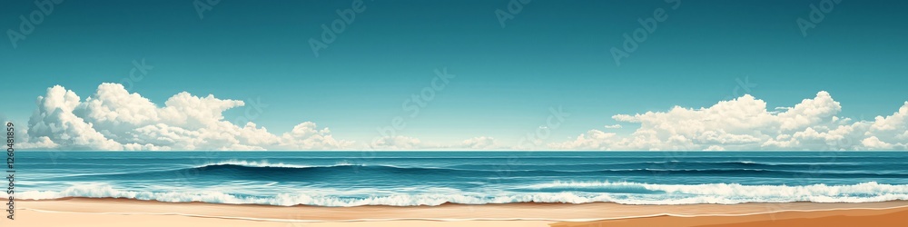 Minimalistic panoramic illustration of the sea, beach, and sky, featuring bright, vibrant tones and a wide composition Minimalistic panoramic illustration of the sea, beach, and sky, featuring bright, vibrant tones and a wide composition