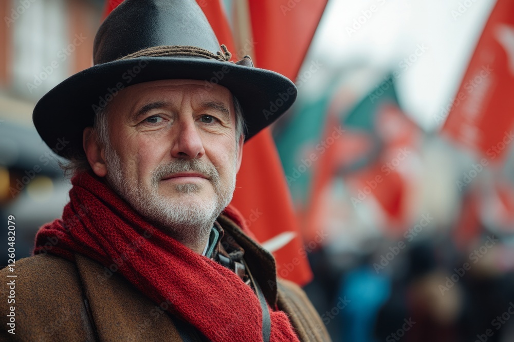 Smiling elderly man in traditional Welsh red scarf and black hat at the festival on the street with flags behind, looking at the camera. Concept St. David's Day, holidays in Wales, spring renewal Smiling elderly man in traditional Welsh red scarf and black hat at the festival on the street with flags behind, looking at the camera. Concept St. David's Day, holidays in Wales, spring renewal