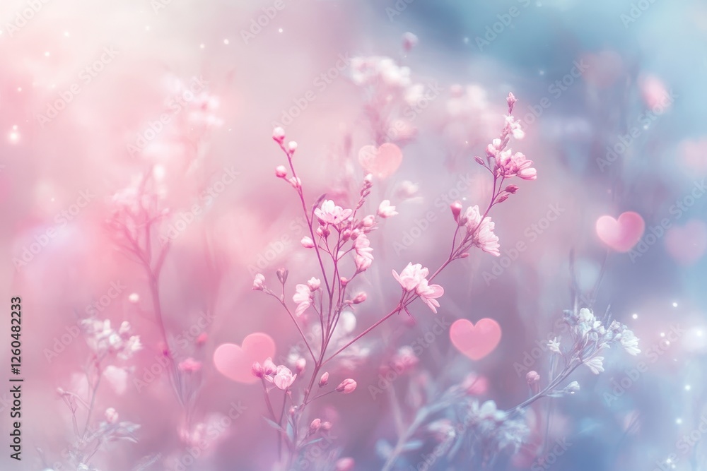 Obraz premium Pastel Pink Flowers and Hearts Soft Romantic Background
