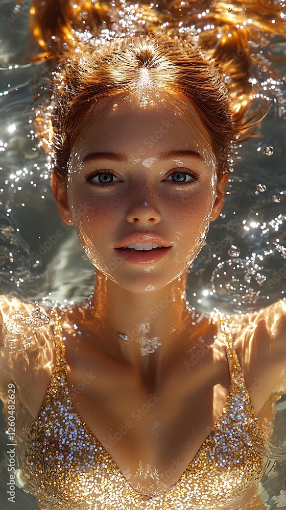 Obraz premium A Masterpiece, Realism, 4k, A 3D cartoon cute synchronized swimmer performing a graceful routine in a sparkling pool