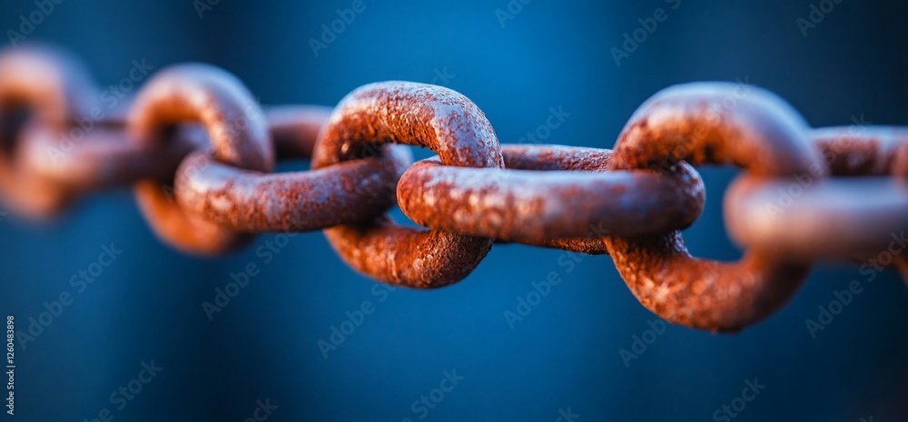 Rusty chain links close-up, blurred blue background. Concept image for strength, connection Rusty chain links close-up, blurred blue background. Concept image for strength, connection