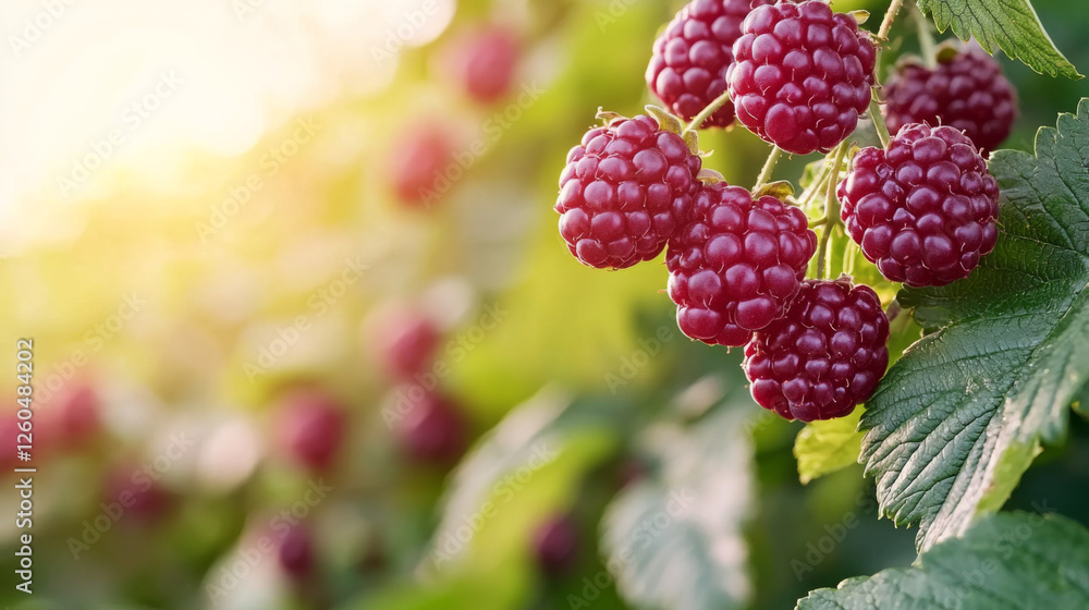 Ripe blackberries growing on green bushes in golden sunlight Ripe blackberries growing on green bushes in golden sunlight