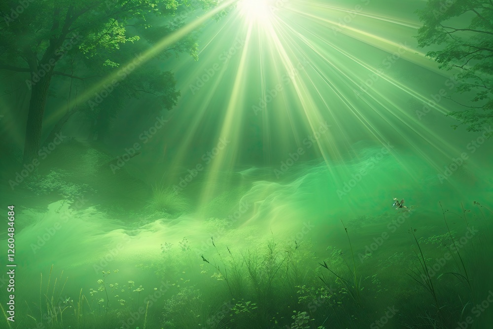 Fototapeta premium Vibrant Green Dreamy Background with Radiant Light Beams and Smooth Gradients