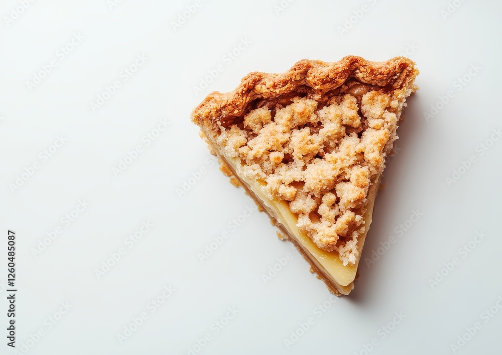 Delicious slice of crumbly dessert with a golden crust and creamy filling on a minimalistic white background, perfect for food photography and culinary art Delicious slice of crumbly dessert with a golden crust and creamy filling on a minimalistic white background, perfect for food photography and culinary art