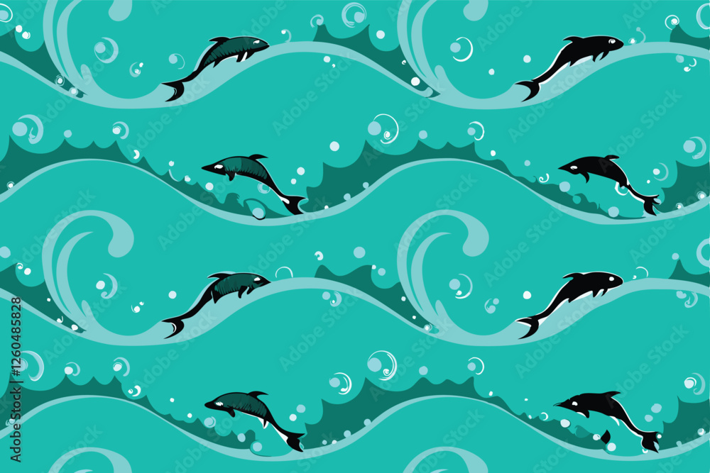 Generate a seamless pattern featuring stylized, leaping fish within continuous, flowing ocean waves. Include a subtle, textured effect. Generate a seamless pattern featuring stylized, leaping fish within continuous, flowing ocean waves. Include a subtle, textured effect.