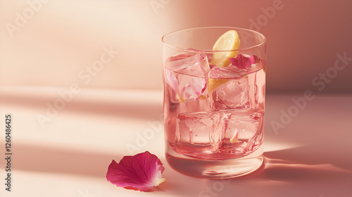 A refreshing pink beverage with ice, lemon, and rose petals. Enjoy this beautiful drink on a sunny day.